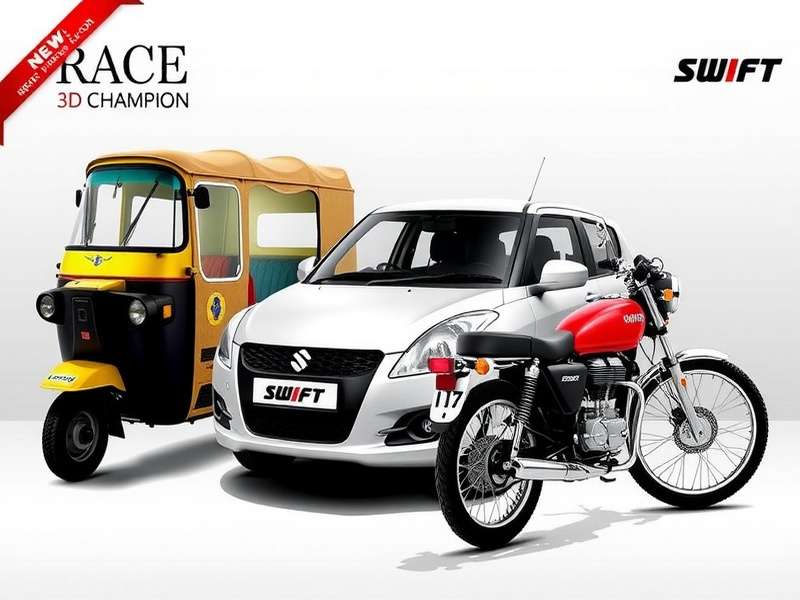 Race 3D Champion Vehicles - Auto-rickshaw, Maruti Swift, and Royal Enfield